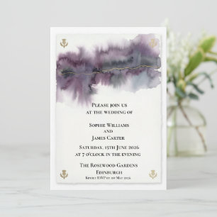 Invitación de boda de cardo con acuarela púrpura