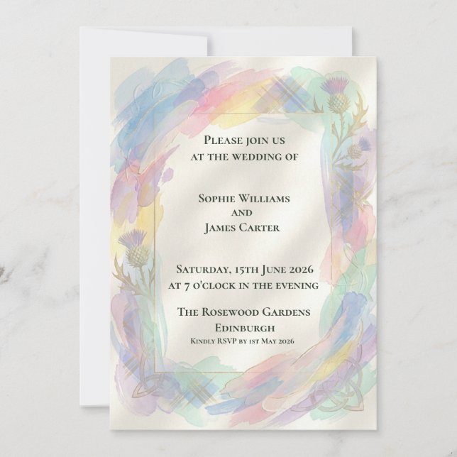 Invitación de boda de cardo de arcoíris pastel (Anverso)