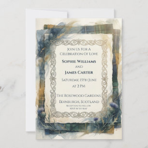 Invitación de boda de cardo de cuadros azul antigu
