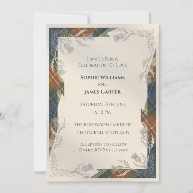 Invitación de boda de cardo de cuadros rústicos (Anverso)