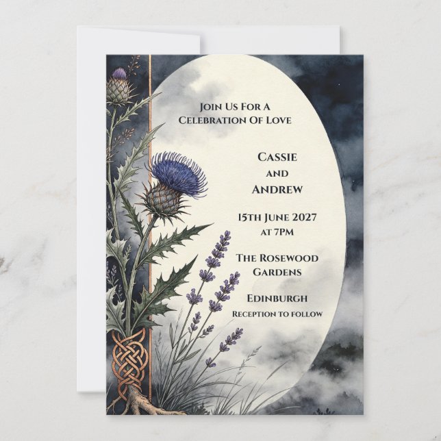 Invitación de boda de cardo de las Highlands a med (Anverso)