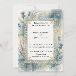 Invitación de boda de cardo de tartán azul