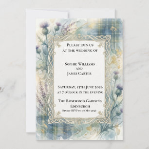 Invitación de boda de cardo de tartán azul