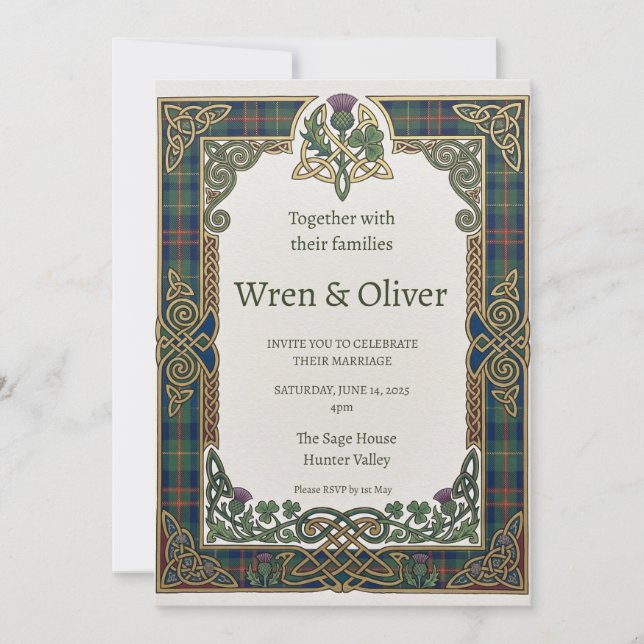 Invitación de boda de cardo de tartán celta (Anverso)