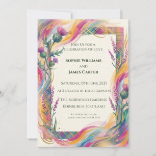 Invitación de boda de cardo de tartán colorido