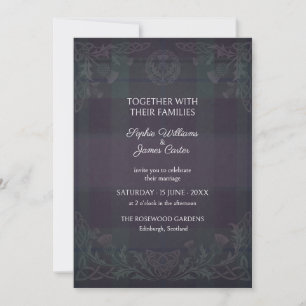 Invitación de boda de cardo de tartán púrpura oscu