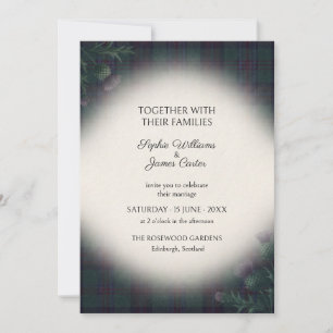 Invitación de boda de cardo de tartán verde oscuro