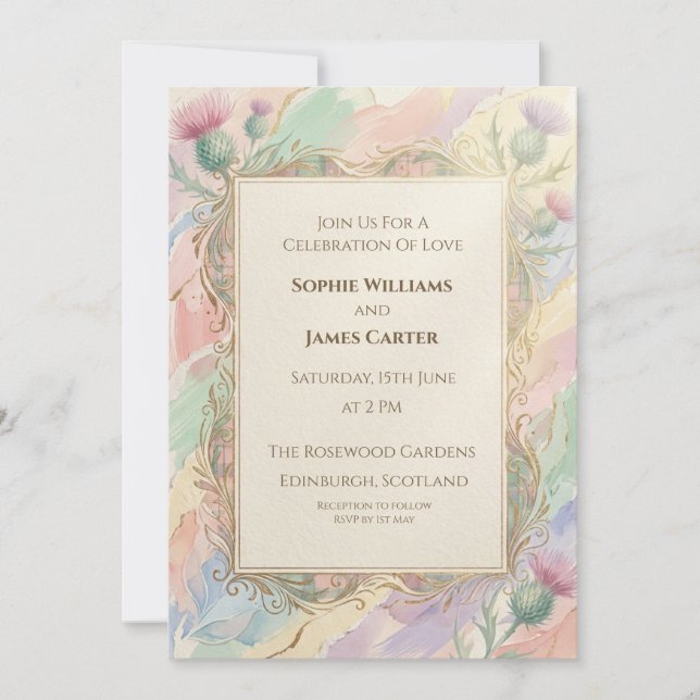 Invitación de boda de Cardo Pastel (Anverso)