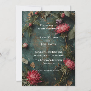Invitación de boda de cardo protea de bosque otoña