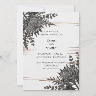 Invitación de boda de cardo protea monocromo