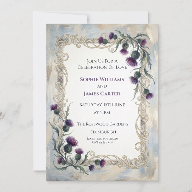 Invitación de boda de Cardo Púrpura (Anverso)