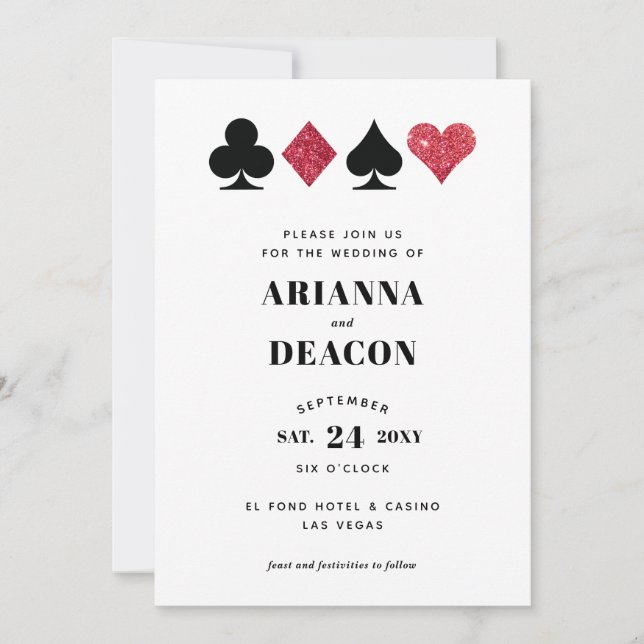 Invitación de boda de casino moderno con brillo ro (Anverso)