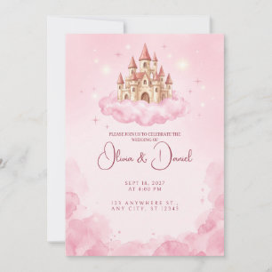 Invitación de boda de castillo rosa flotante en la