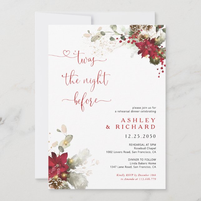 Invitación de boda de cena de Navidad con flores r (Anverso)