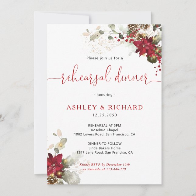 Invitación de boda de cena de Navidad con flores r (Anverso)