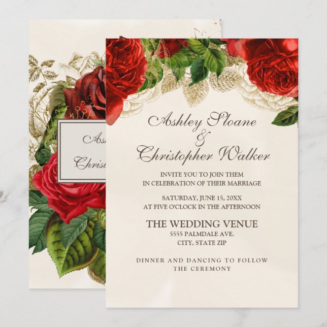 Invitación de boda de champán con rosas rojas eleg (Anverso / Reverso)