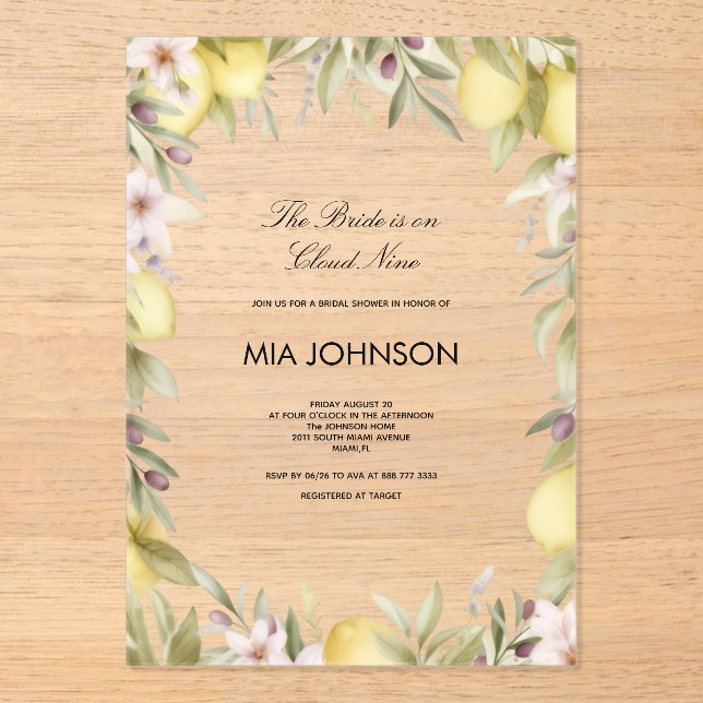 Invitación de boda de citricos de limón acrílico (Anverso)
