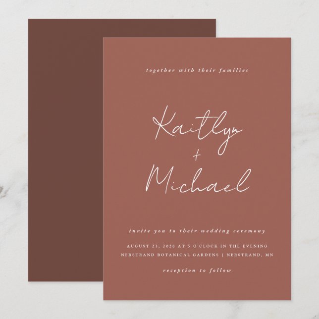 Invitación de boda de cobre con letra moderna (Anverso / Reverso)