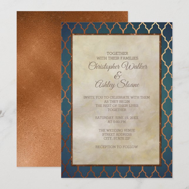 Invitación de boda de cobre turquesa elegante (Anverso / Reverso)