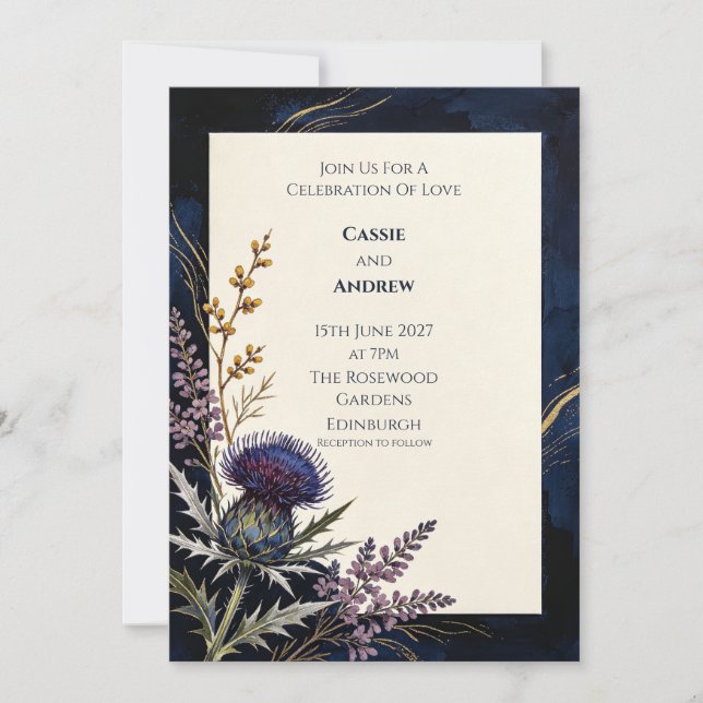 Invitación de boda de cobre y cardo naval (Anverso)