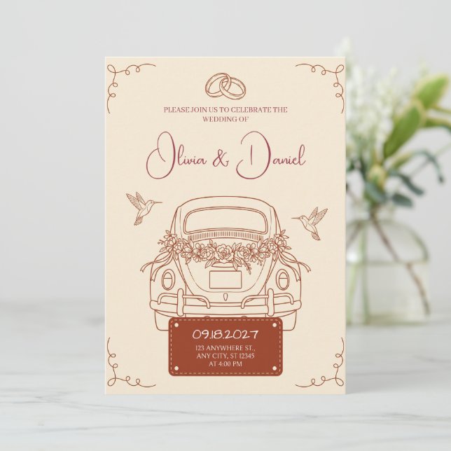 Invitación de boda de coche de escapada retro de t (Anverso de pie)