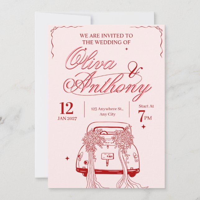Invitación de boda de coche retro vintage (Anverso)