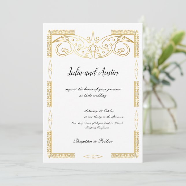 Invitación de Boda de Color Oro (Anverso de pie)