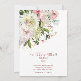 Invitación de boda de color rosa y blanco con dest