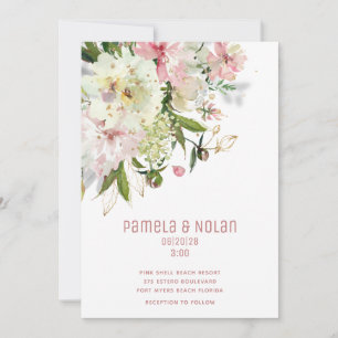 Invitación de boda de color rosa y blanco con dest