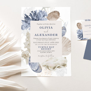 Invitación de boda de concha marina azul de playa
