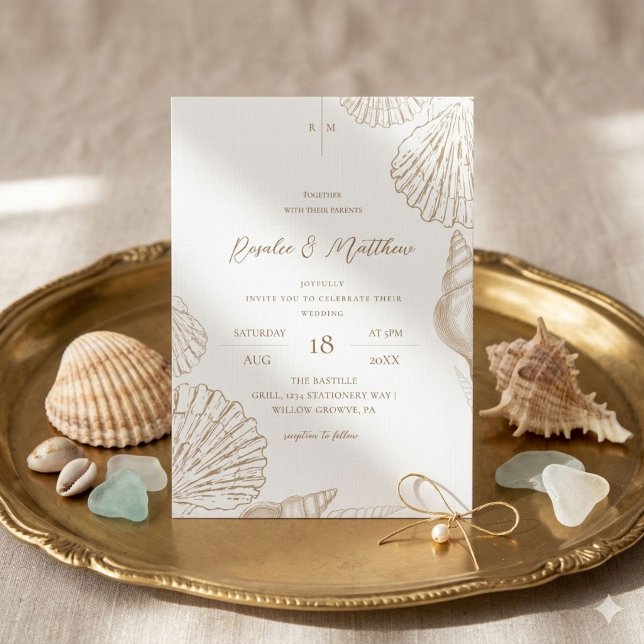 Invitación de boda de conchas doradas y costa blan (Subido por el creador)