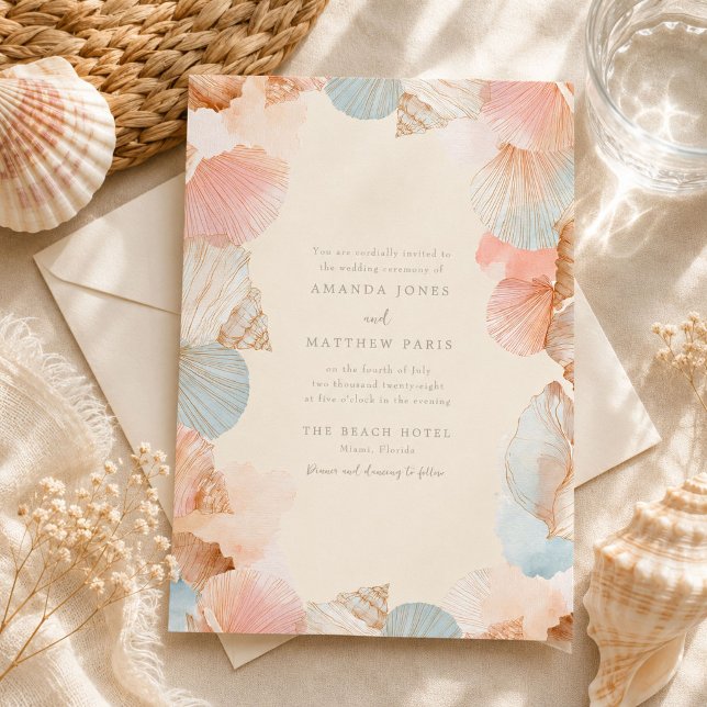 Invitación de boda de conchas marinas costeras (Coastal Seashell Wedding Invitation)