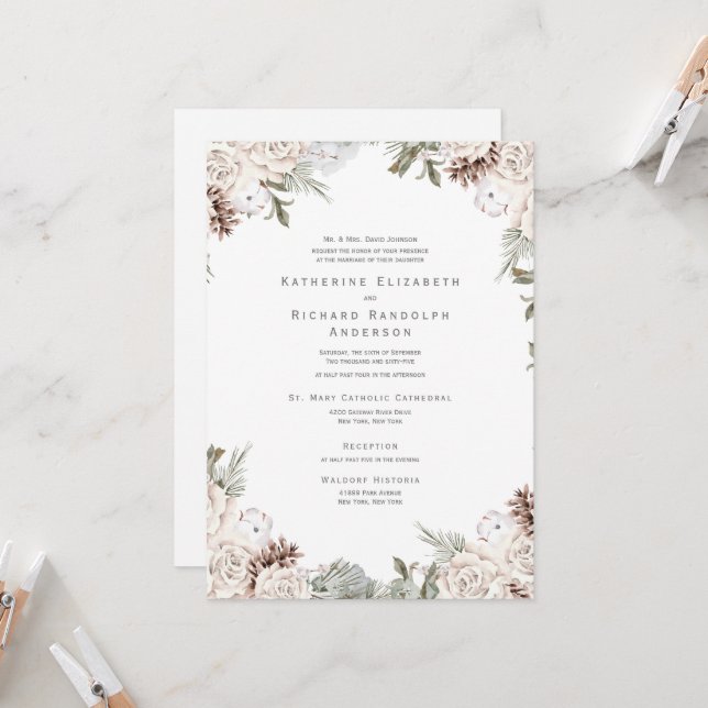 Invitación de boda de cono de pino floral blanco d (Anverso/Reverso In Situ)