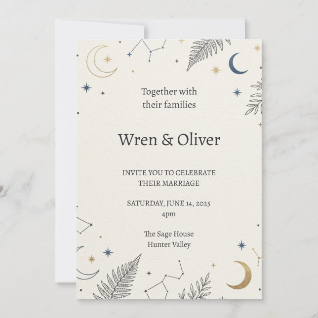 Invitación de boda de constelación de luna celesti (Anverso)