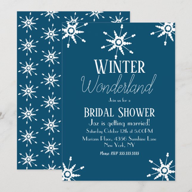 Invitación de boda de copo de nieve azul de invier (Anverso / Reverso)