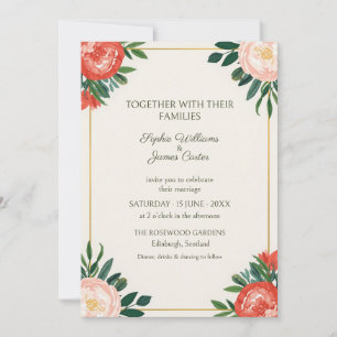 Invitación de boda de coral sonrojado peonía dorad