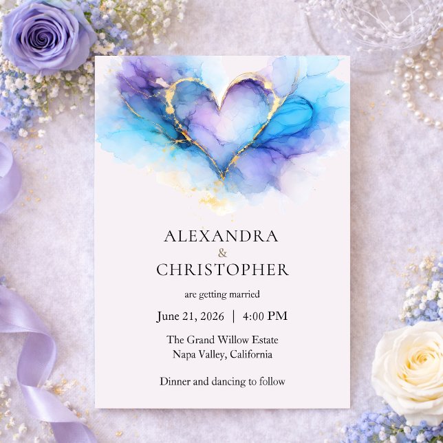 Invitación de boda de corazón abstracto azul púrpu (Subido por el creador)
