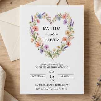 Invitación de boda de corazón floral acuarela