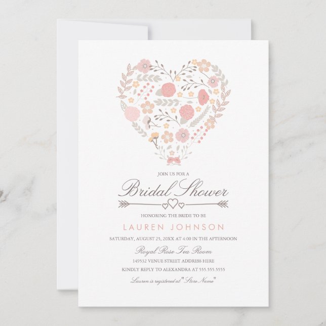 Invitación de boda de corazón floral bonito (Anverso)
