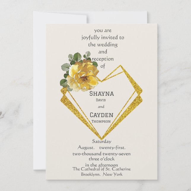 Invitación de boda de corazón geométrico floreado (Anverso)
