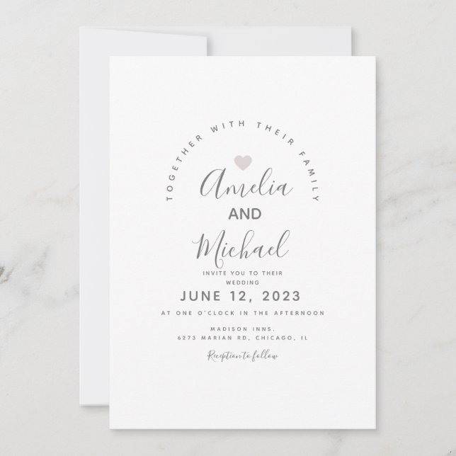 Invitación de boda de corazón simple blanco rosa m (Anverso)