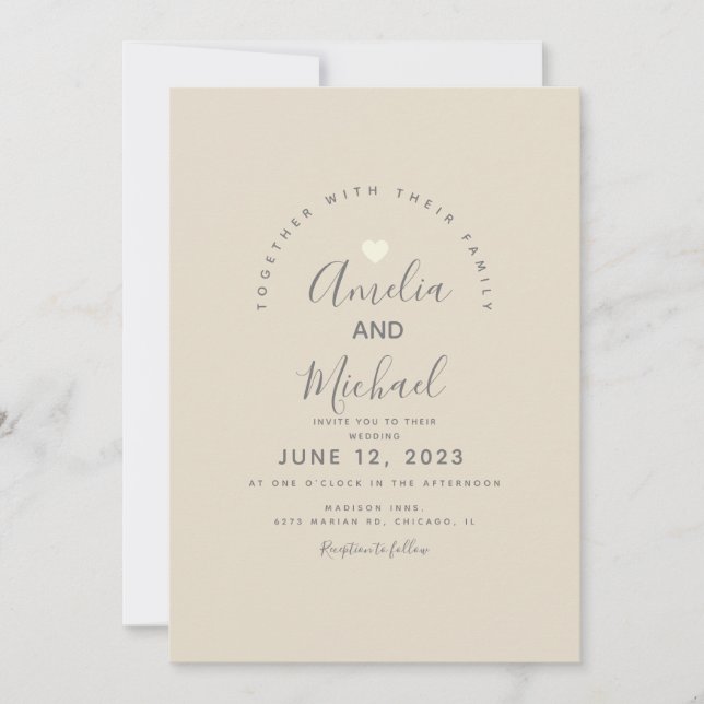 Invitación de boda de corazón simple gris broncead (Anverso)