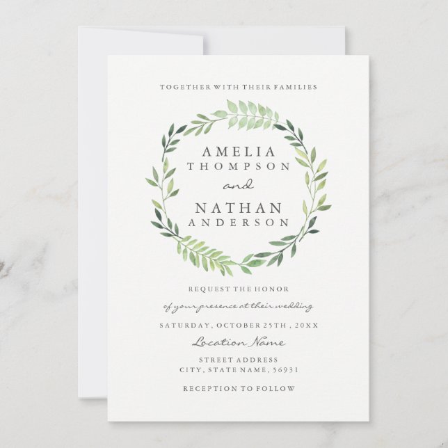 Invitación de boda de corona de hoja verde acuarel (Anverso)