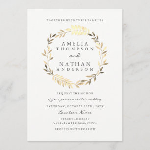 Invitación de boda de corona de hojas de olivo dor