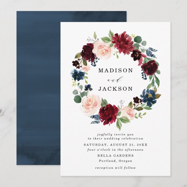 Invitación de boda de corona floral encantada (Anverso / Reverso)