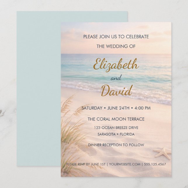 Invitación de boda de costa con orilla serena (Anverso / Reverso)