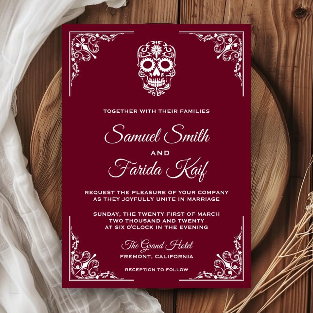Invitación de boda de cráneo de azúcar borgoña y b (Subido por el creador)