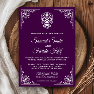 Invitación de boda de cráneo de azúcar púrpura y b