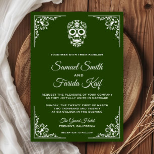 Invitación de boda de cráneo de azúcar verde y bla