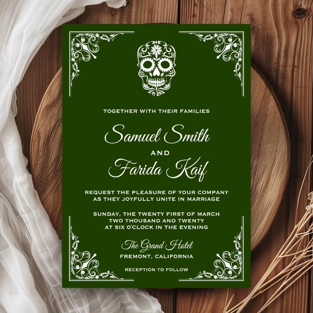 Invitación de boda de cráneo de azúcar verde y bla (Subido por el creador)